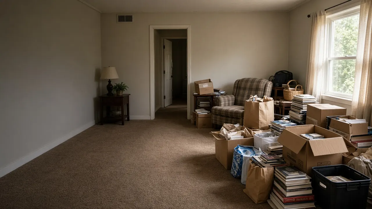 Una sala antigua con cajas, libros y pertenencias lista para vaciarse