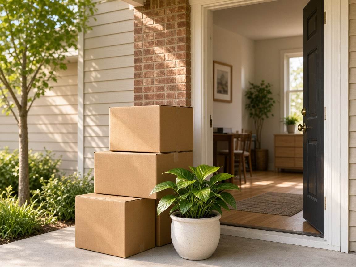 Cajas de mudanza y una planta junto a la puerta principal abierta