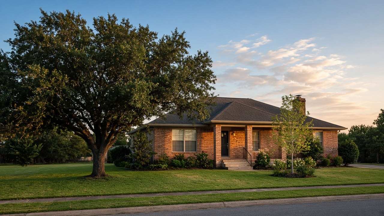 Una casa de ladrillo de un piso en Texas al atardecer