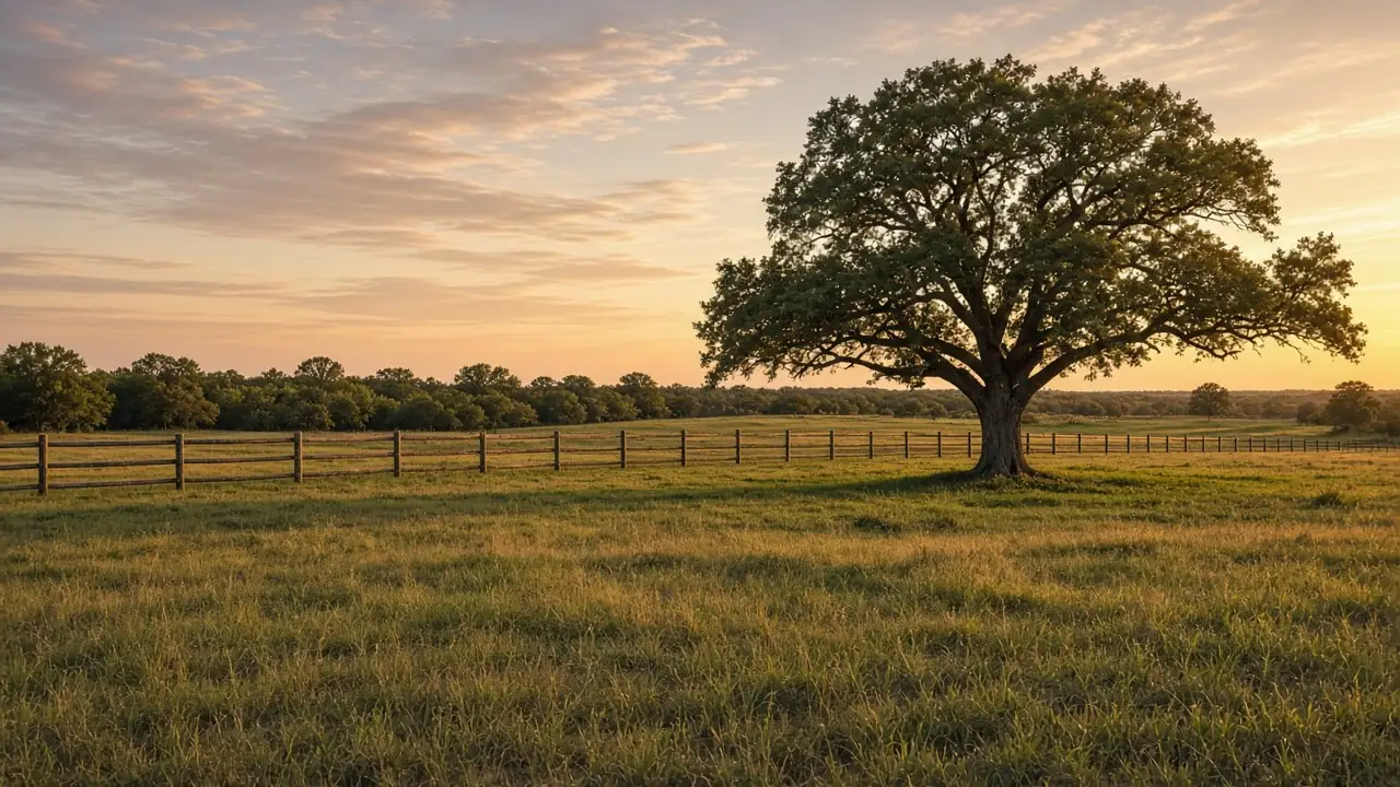 Un terreno abierto con pasto en Texas, con un roble grande y una cerca