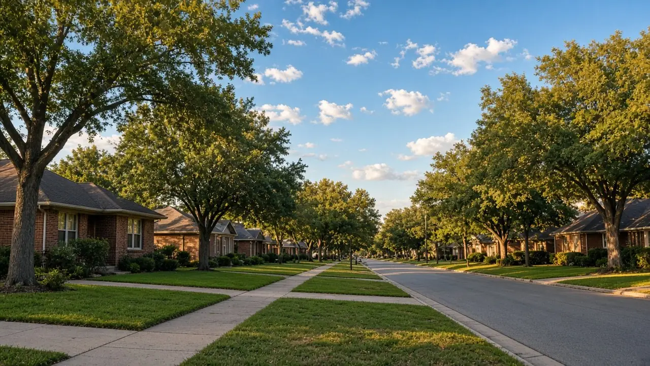 Una calle residencial arbolada con casas de ladrillo
