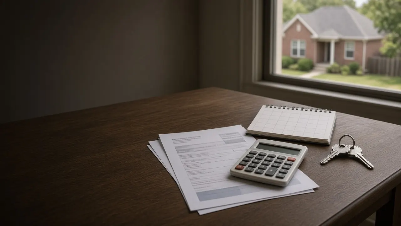 Llaves de casa, una calculadora y documentos de impuestos de propiedad sobre una mesa